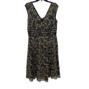Adrianna Papell Silk Pleated Midi Dress Black Lace Print Fit Flare Cocktail 14